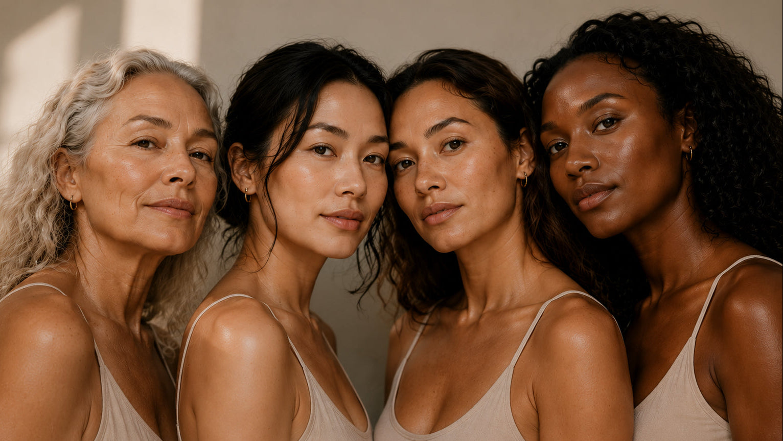 Four women of diverse ethnicities with glowing skin, wearing matching beige ribbed tank tops, posing closely together against a warm-toned neutral background and all natural without make-up.